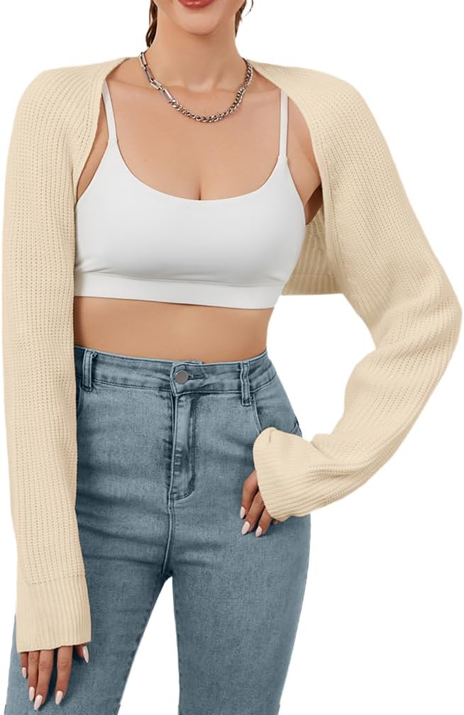Women Open Front Ribbed Knit Crop Bolero Drop Shoulder Long Sleeve Solid Loose Fit Knitted Crop Cardigan Shrug