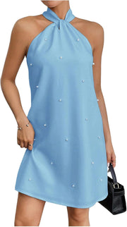 Floerns Women's Pearl Beaded Halter Twist Sleeveless Tie Back Dress A Line Dress