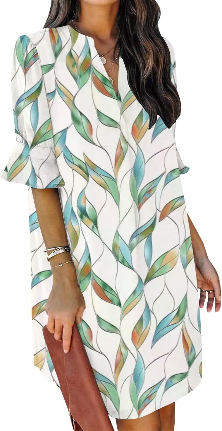 QACOHU Summer Dresses for Women V Neck Ruffle Short Sleeve Casual Shift Dress