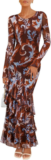 ZESICA Women's Fall Floral Wedding Guest Bodycon Dresses 2025 Long Sleeve Crewneck Mesh Ruffle Mermaid Party Maxi Dress