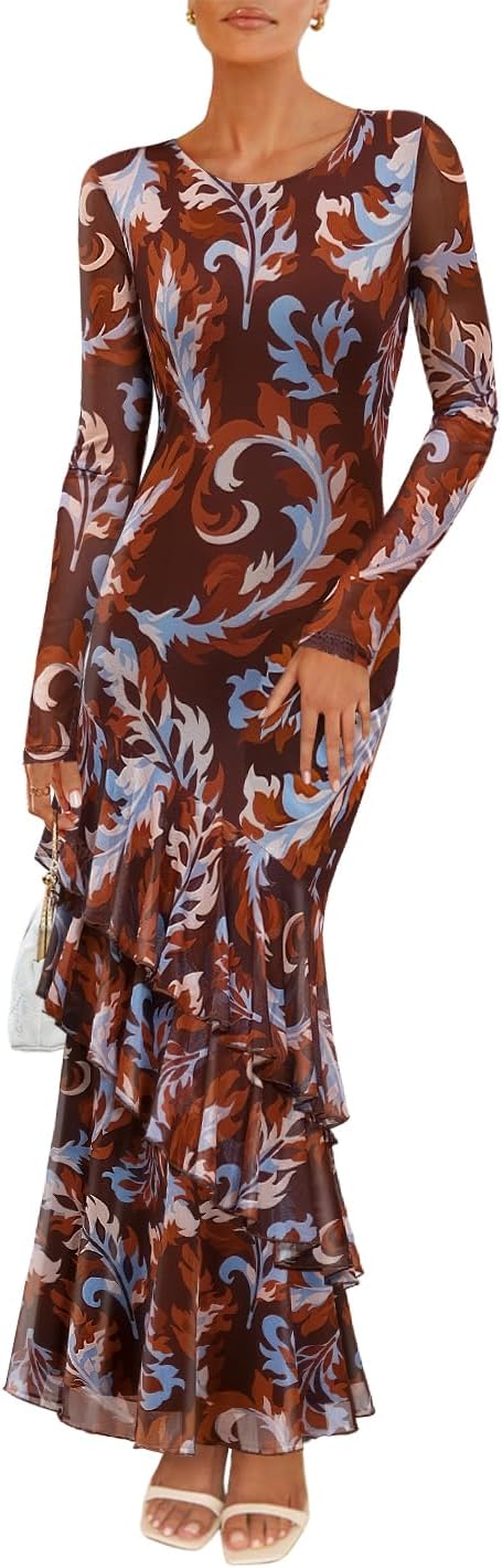 ZESICA Women's Fall Floral Wedding Guest Bodycon Dresses 2025 Long Sleeve Crewneck Mesh Ruffle Mermaid Party Maxi Dress