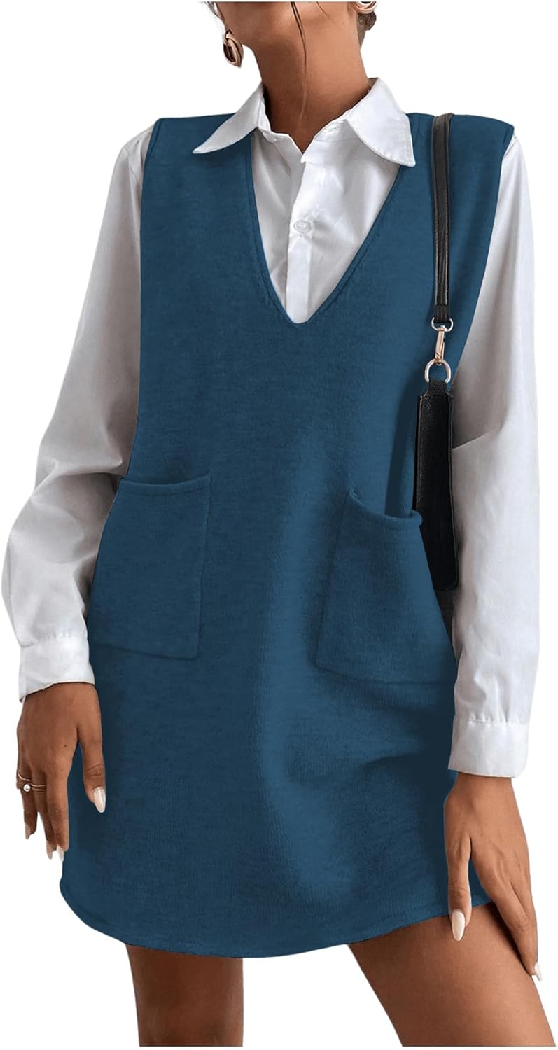 OYOANGLE Women's V Neck Sleeveless Knitted Solid Short Sweater Dress with Pockets