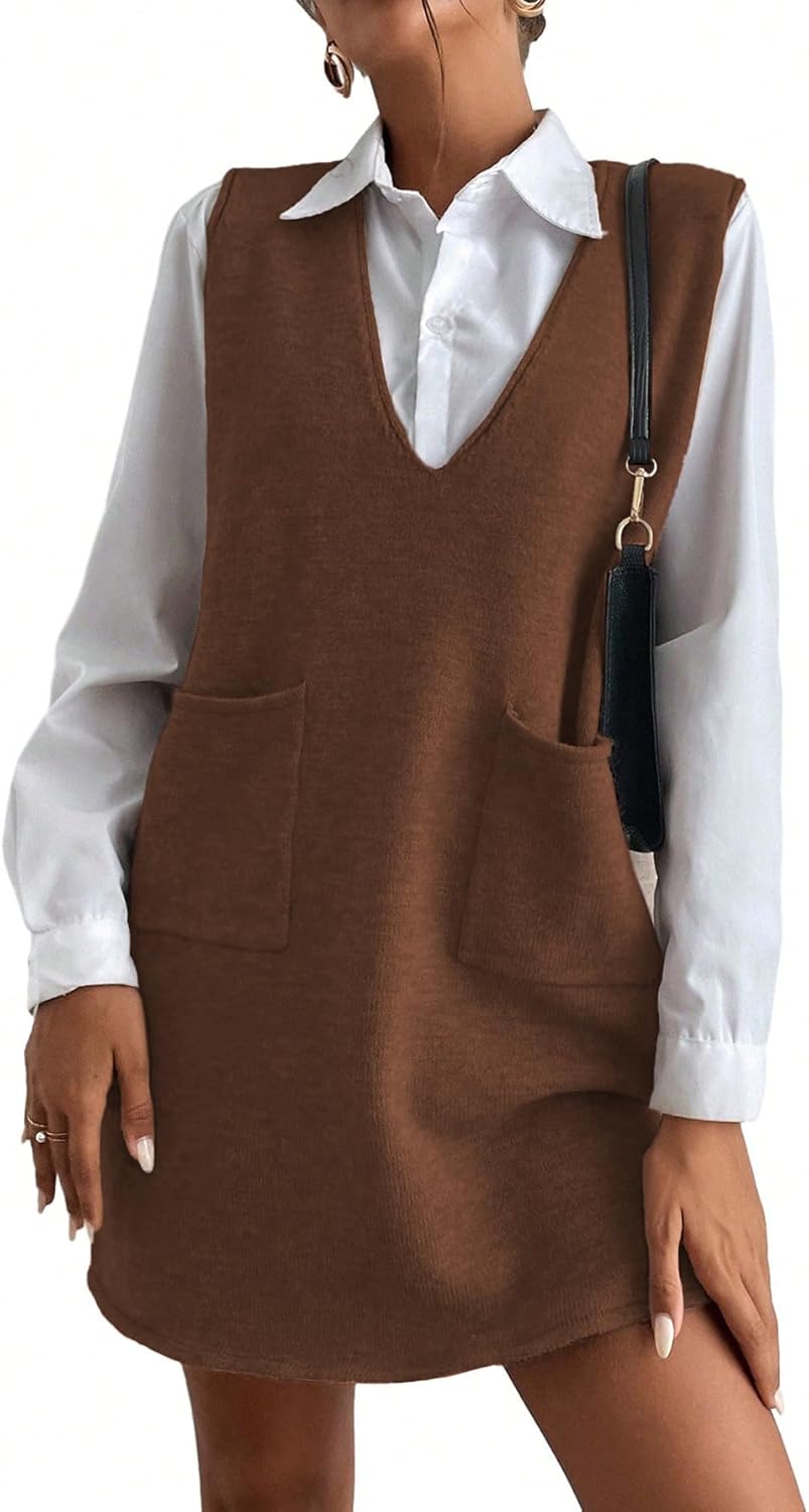 OYOANGLE Women's V Neck Sleeveless Knitted Solid Short Sweater Dress with Pockets