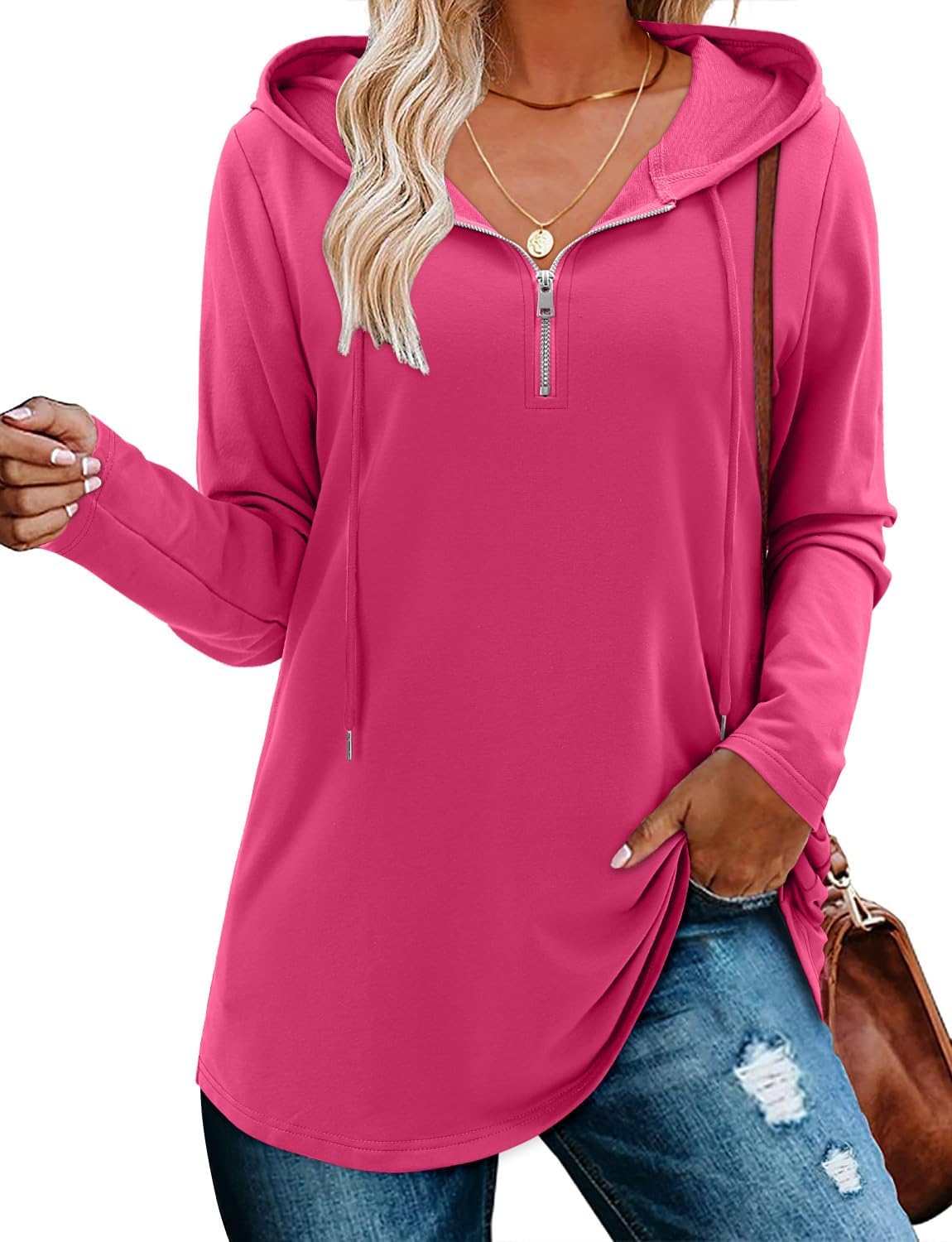 BETTE BOUTIK Womens Quarter Zip Tunic Hoodies Pullover Long Hooded Sweatshirts S-3XL