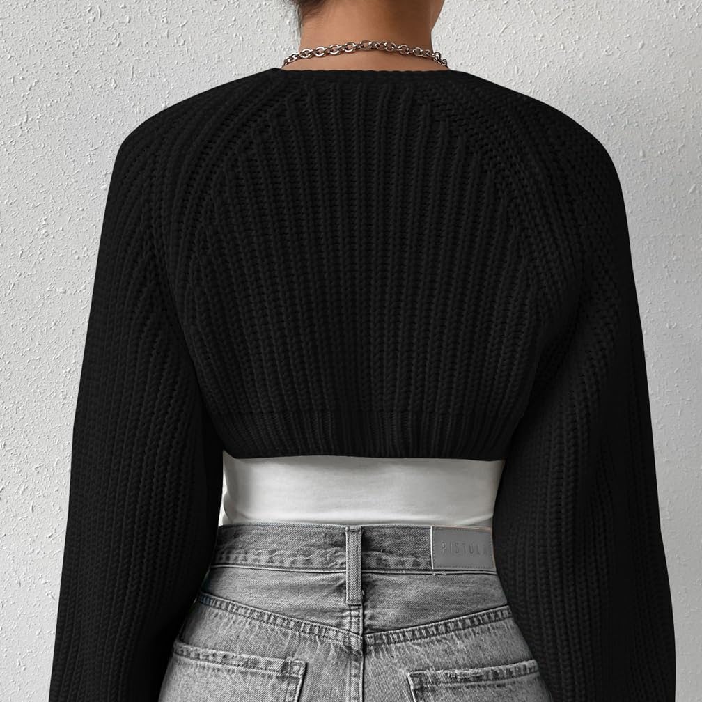 Women Open Front Ribbed Knit Crop Bolero Drop Shoulder Long Sleeve Solid Loose Fit Knitted Crop Cardigan Shrug