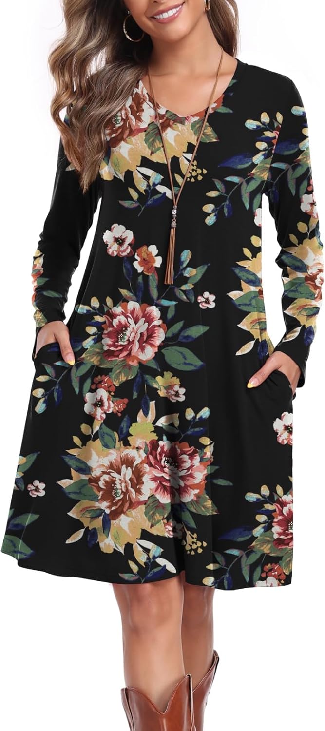 Women's Casual T Shirt Dresses Fall Long Sleeve Swing Dress with Pockets