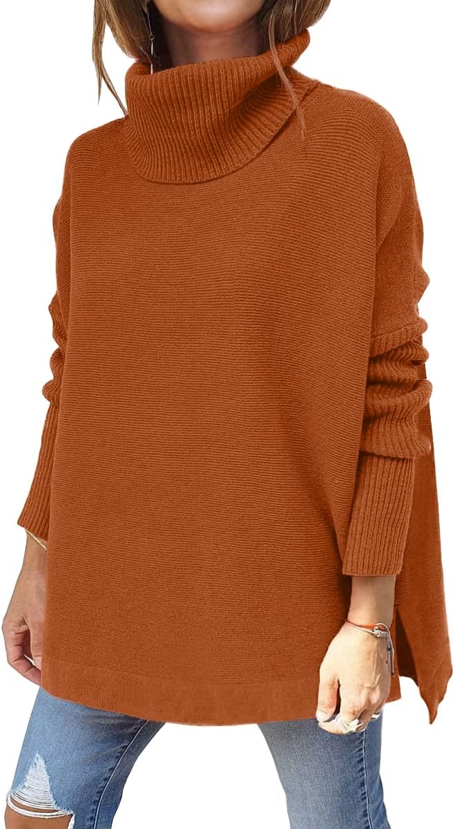 LILLUSORY Women's Turtleneck Oversized Sweaters Long Batwing Sleeve Spilt Hem Tunic Pullover Knit Tops