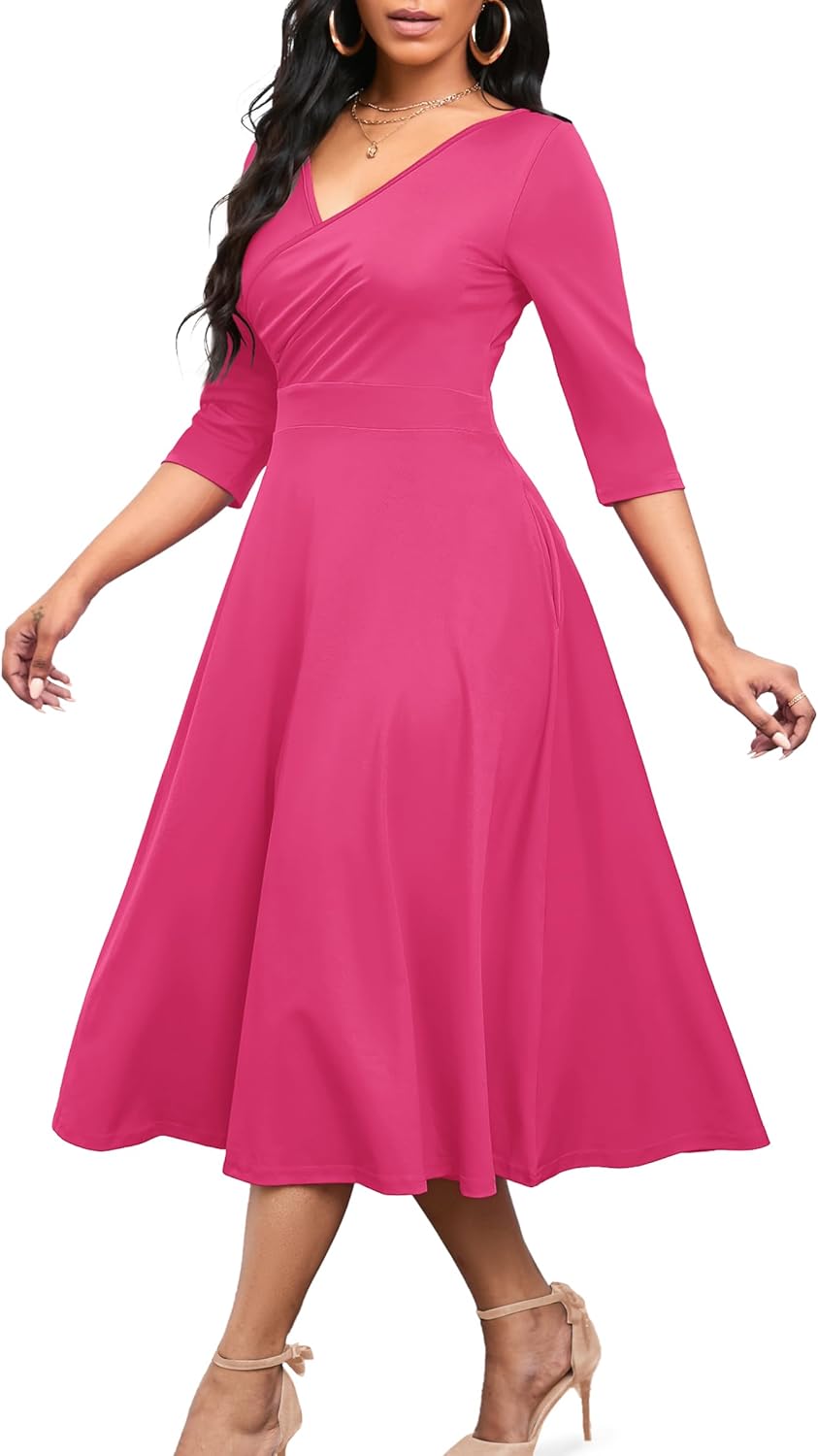 Nmoder Women's Casual Wrap Flared Midi Dress Wedding Guest Cocktail Tea Dresses A-Line Swing V-Neck 3/4 Sleeve