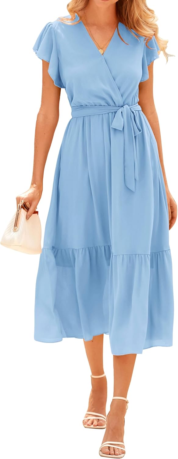 BTFBM Women Summer Bohemian Floral Casual Wrap V Neck Ruffle Cap Sleeveless Belt A-Line Pleated Hem Midi Sun Dress White