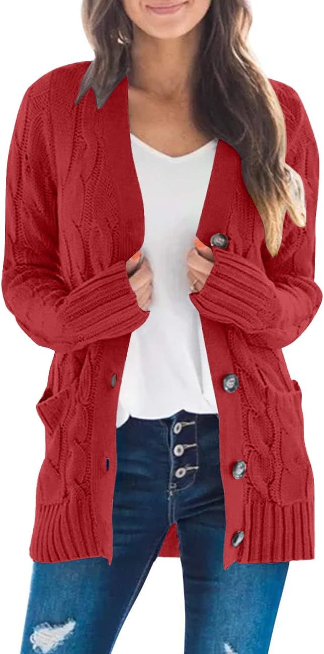 MEROKEETY Women's 2025 Fall Long Sleeve Cable Knit Sweater Open Front Cardigan Button Loose Outerwear