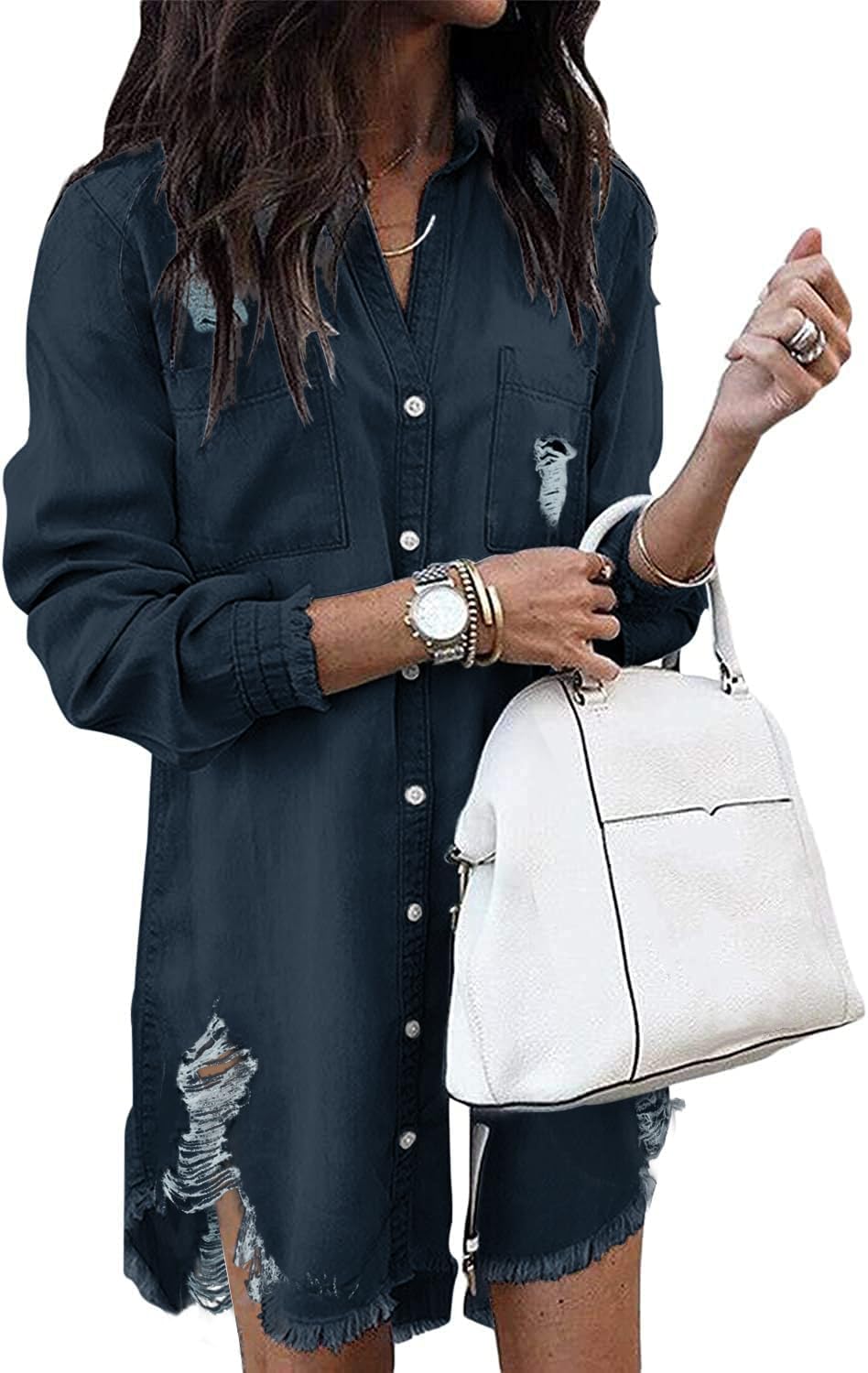 Zilcremo Women Denim Shirt Dresses Long Sleeve Distressed Jean Dress Button Down Casual Tunic Top