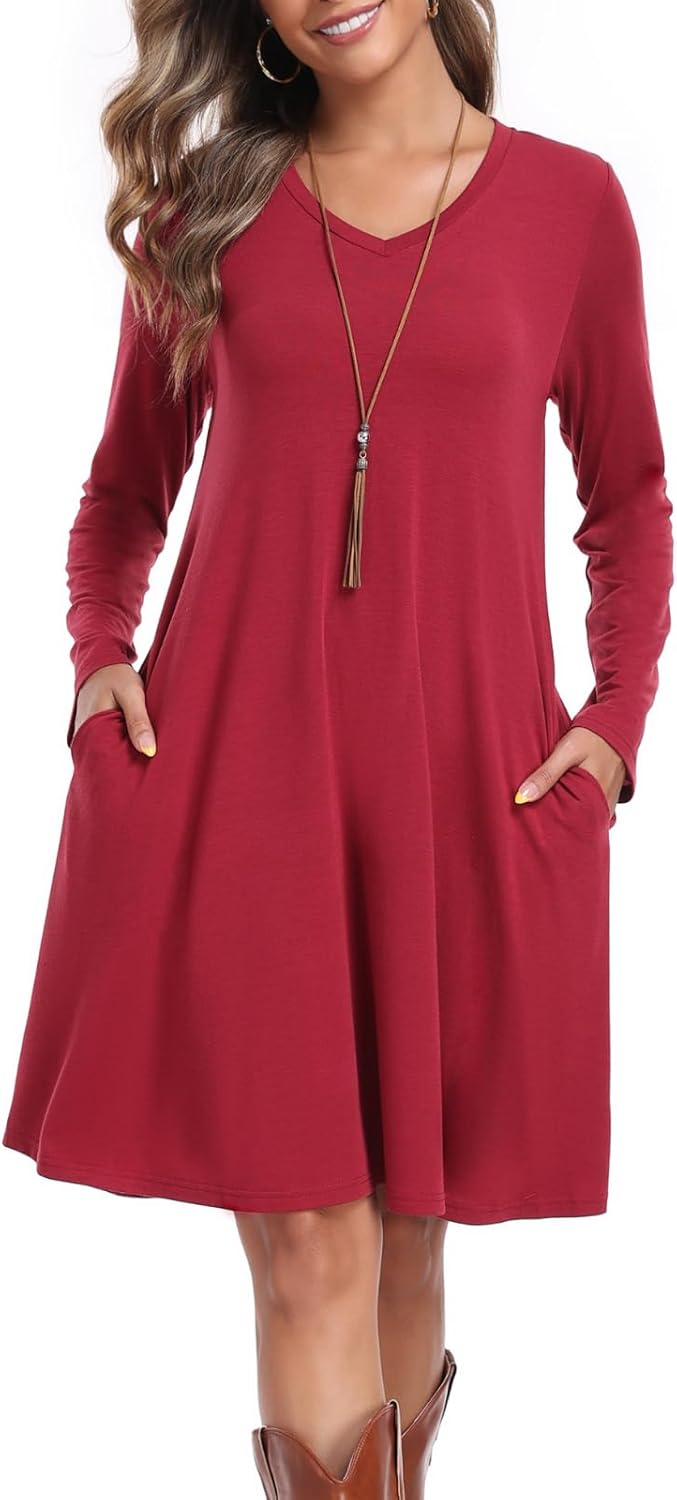 Women's Casual T Shirt Dresses Fall Long Sleeve Swing Dress with Pockets