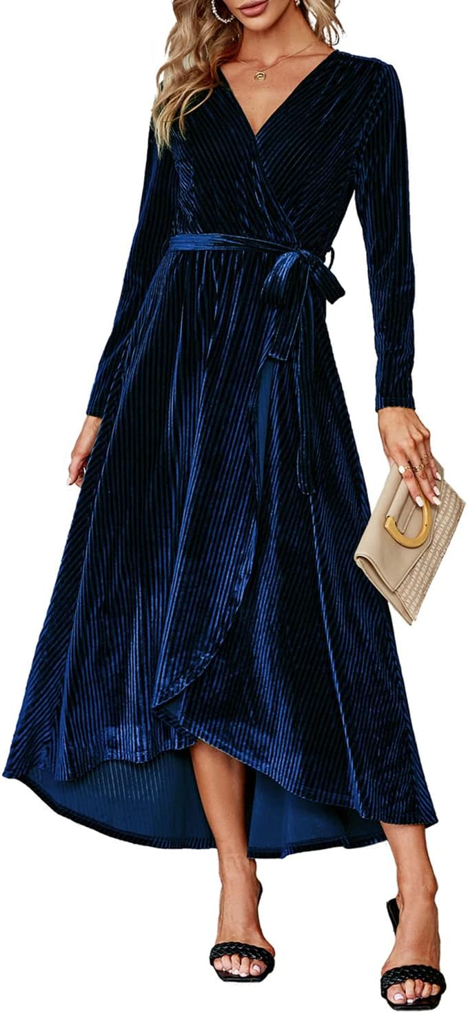BerryGo Women's Velvet V Neck Wrap Semi Formal Dress Cocktail Party Maxi Dress for Wedding Guest