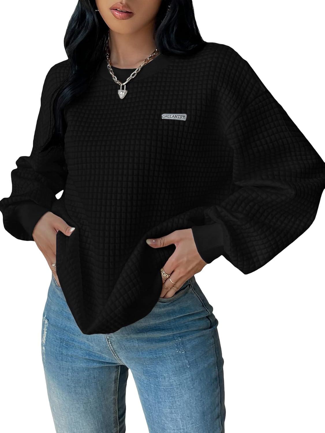 WDIRARA Women's Oversized Waffle Sweatshirt Crewneck Long Sleeve Pullovers