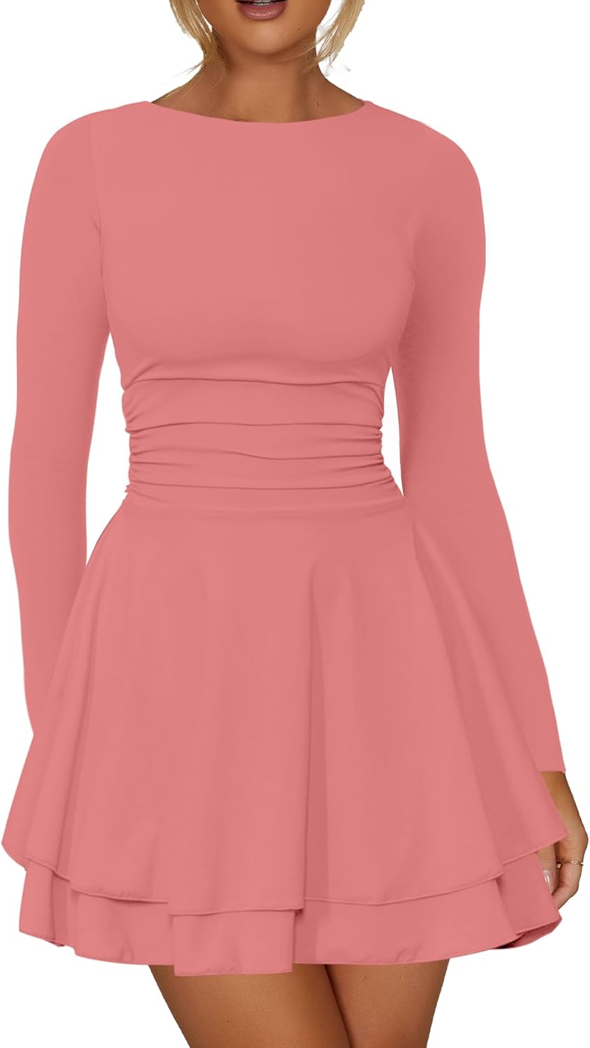 Kaximil Women's Crew Neck Long Sleeve Corset Mini Dress Ruffle Hem Short Party Club Dresses