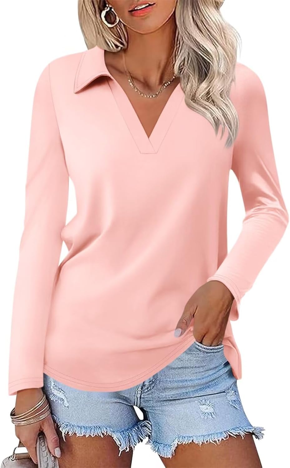 ORANDESIGNE Women's Long Sleeve Polo Shirts Casual Color Block V Neck Tops Fall Collar Ladies Tunics Tees
