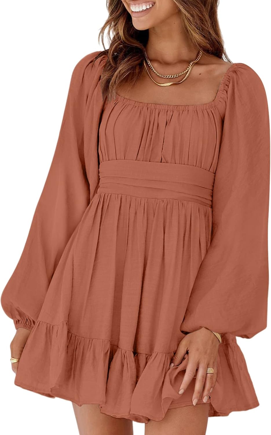 Dokotoo Womens Dress Long Lantern Sleeve Square Neck Tie Backless Sexy Dress Ruffle Elastic Waist A-Line Mini Dress