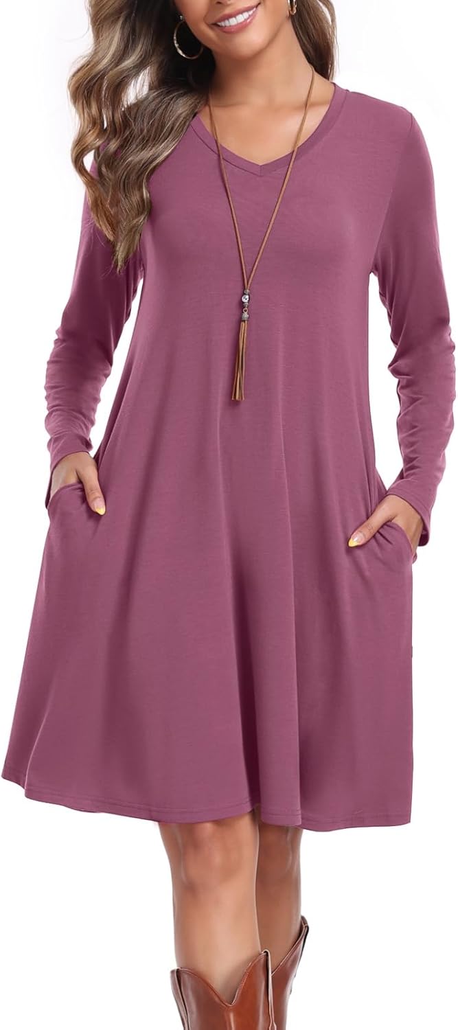 Women's Casual T Shirt Dresses Fall Long Sleeve Swing Dress with Pockets