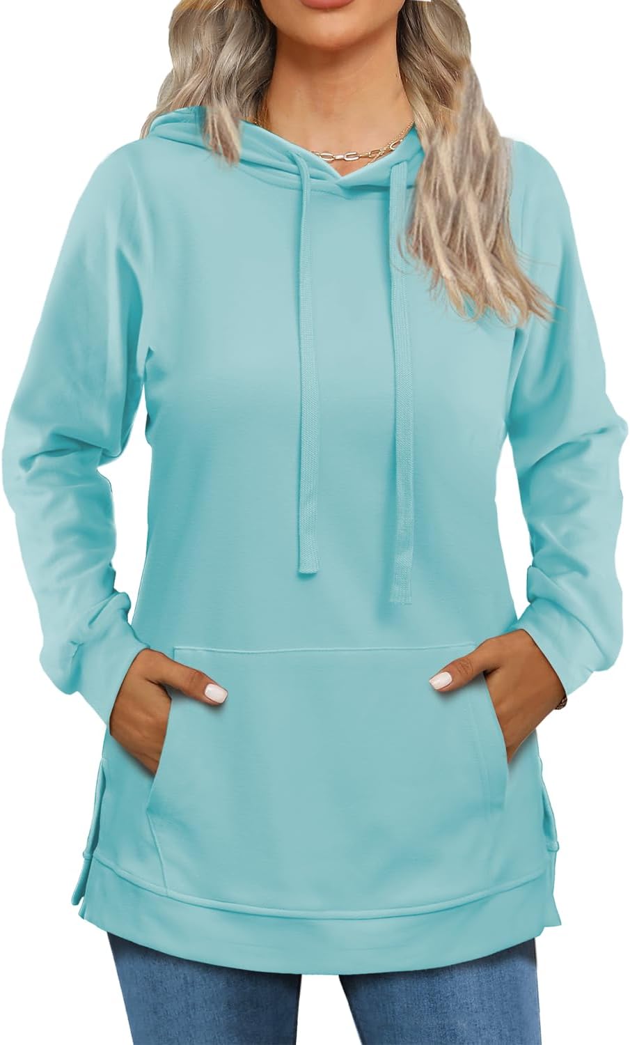 Beimuc Hoodies for Women Fashion Split Hem Drawstring Casual Long Sleeve Sweatshirts Tops with Pockets