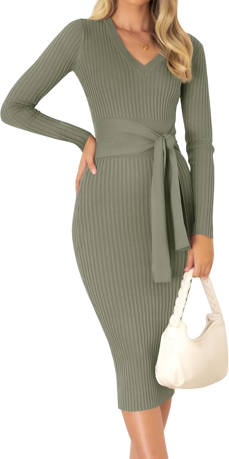 ZESICA Women's 2025 Fall Sweater Dress V Neck Long Sleeve Ribbed Knit Tie Waist Bodycon Slim Fit Midi Dresses