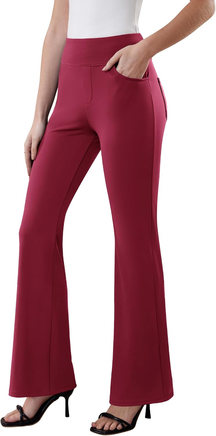 Womens Dress Pants Stretchy Work Pants Business Casual Office Trousers Pull On Flare Slacks with 4 Pockets