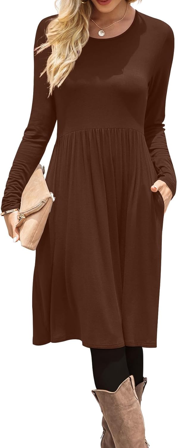 DB MOON Women Casual Long Sleeve Dresses Empire Waist Knee Length Loose Dress with Pockets