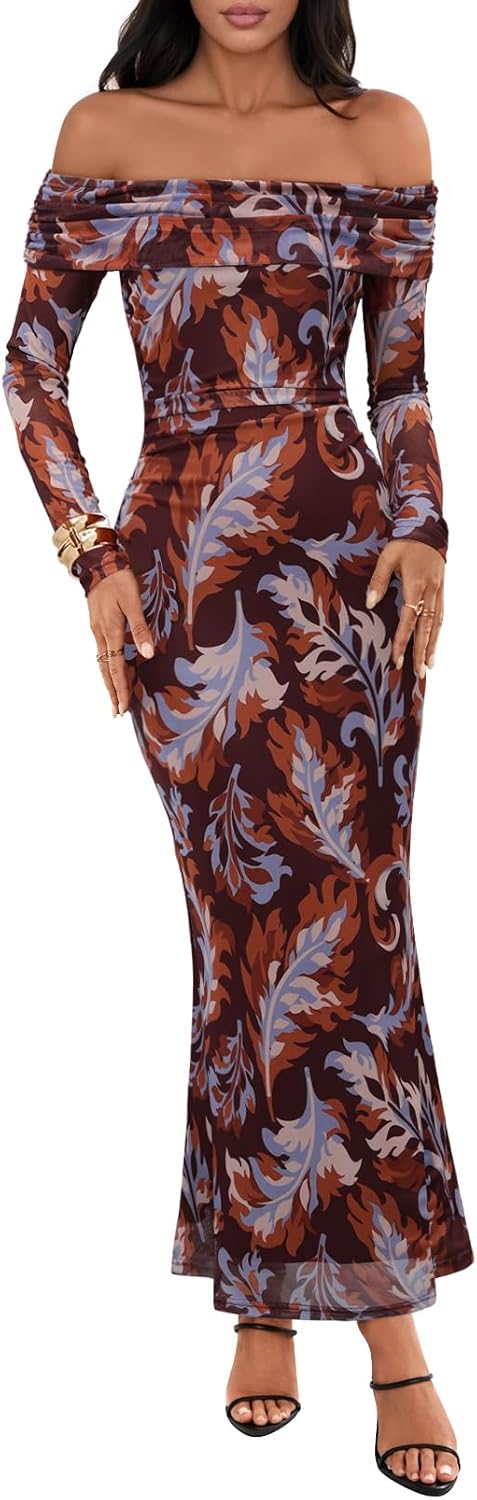 MEROKEETY Women's Fall Off Shoulder Floral Maxi Dresses Formal Long Sleeve Bodycon Cocktail Wedding Guest Dress