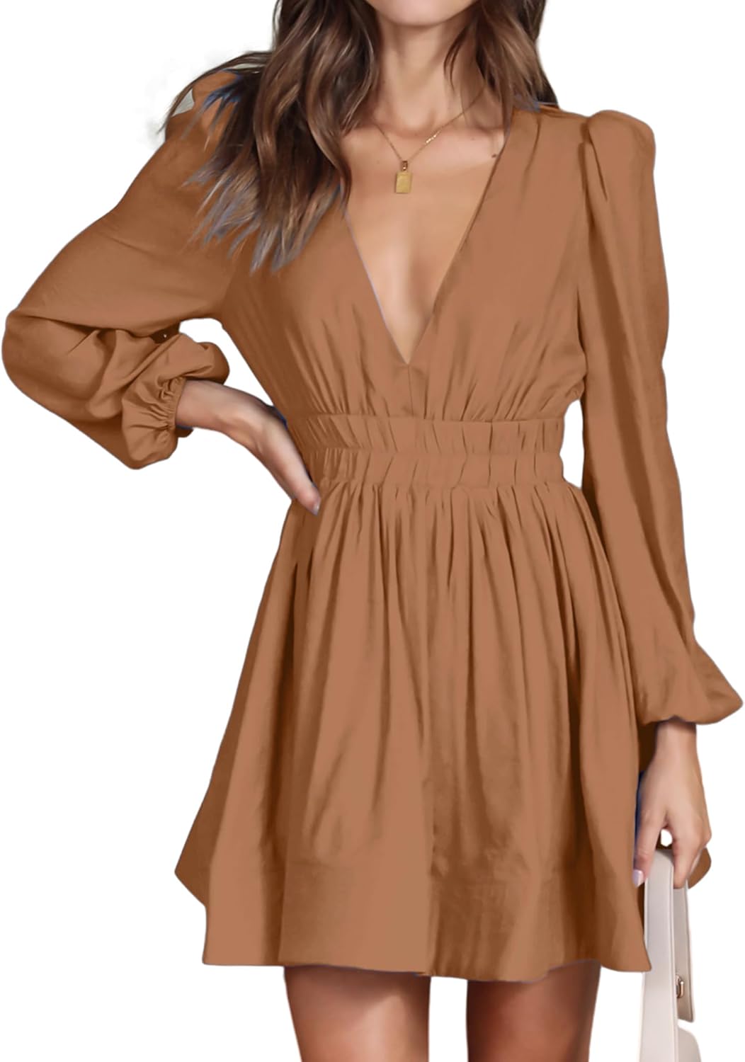 FAIABLE Mini Deep V Sexy Long Sleeve Dress for Women A-line High Waisted Casual Flowy Dress for Cocktail Wedding Guest