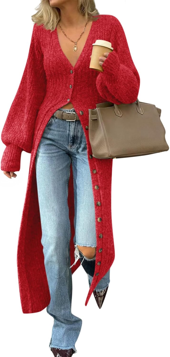 Saodimallsu Womens Long Cardigans V Neck Button Down Chunky Knit Dusters Sweater Coat Fall Trendy Maxi Sweater Dress
