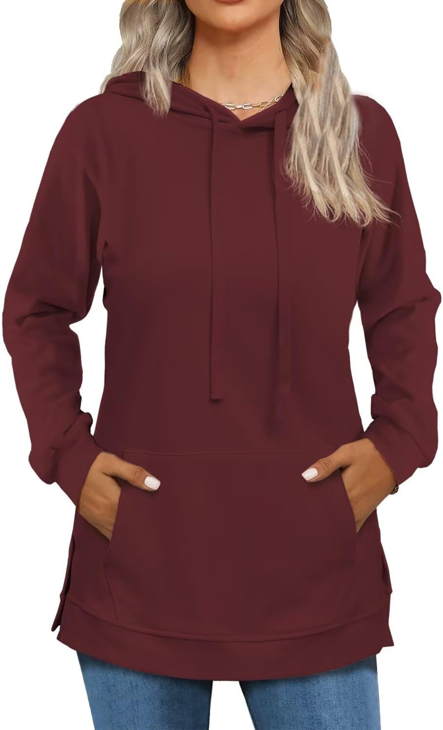 Beimuc Hoodies for Women Fashion Split Hem Drawstring Casual Long Sleeve Sweatshirts Tops with Pockets