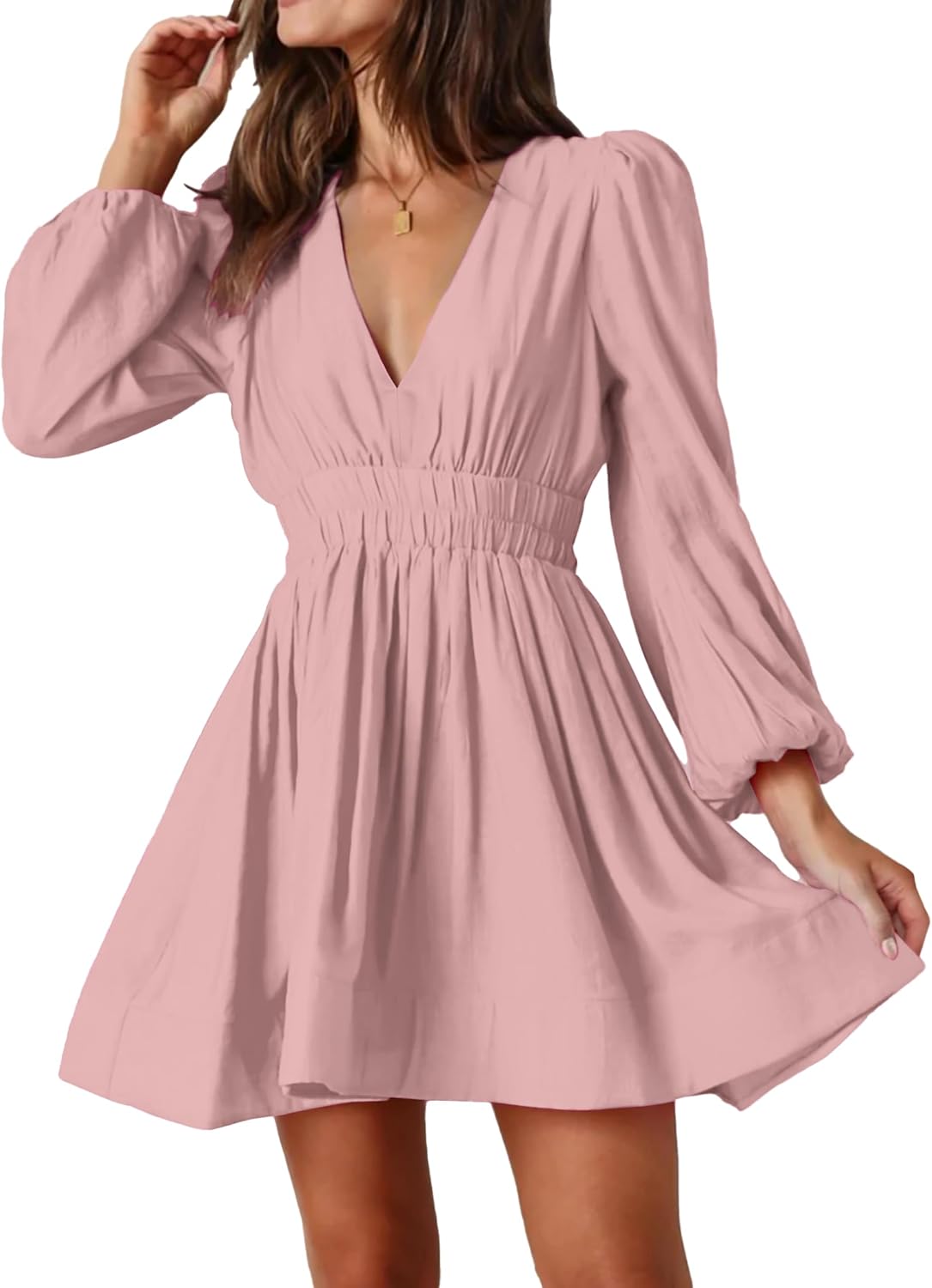 FAIABLE Mini Deep V Sexy Long Sleeve Dress for Women A-line High Waisted Casual Flowy Dress for Cocktail Wedding Guest