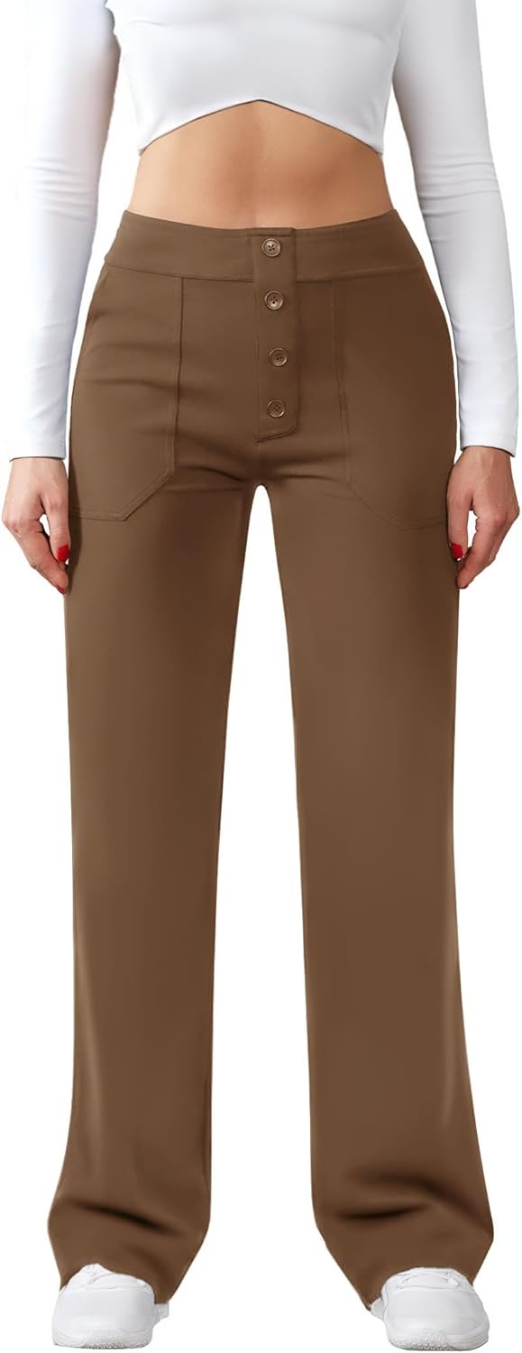 Womens Casual High Waist Straight Leg Pants Stretchy Button Business Dress Work Pocket Trousers