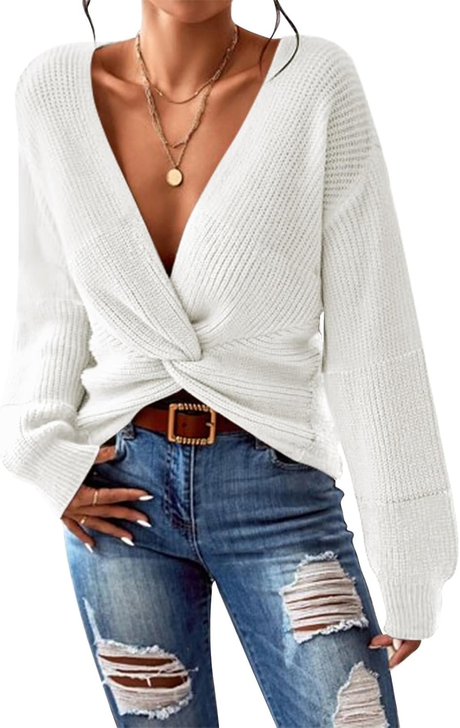 Pink Queen Women's 2025 Casual Pullover Sweaters Sexy V Neck Long Sleeve Twist Knot Cropped Knit Sweater Tops