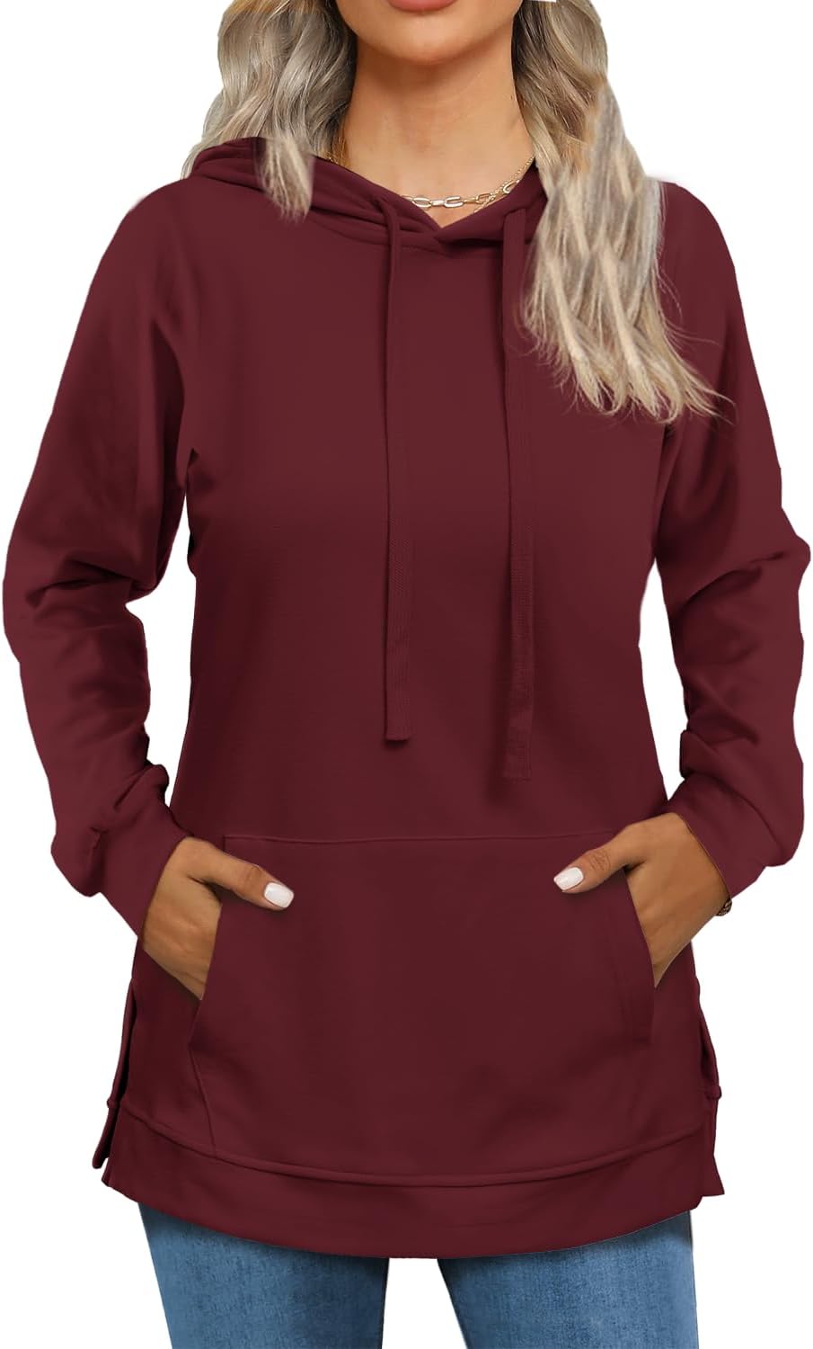 Beimuc Hoodies for Women Fashion Split Hem Drawstring Casual Long Sleeve Sweatshirts Tops with Pockets