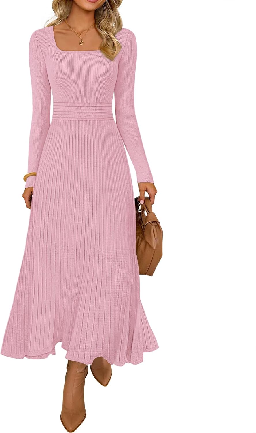 MEROKEETY Women's Sweater Dress 2025 Fall Winter Casual Long Sleeve Square Neck Pleated Church Work Knit Midi Dresses