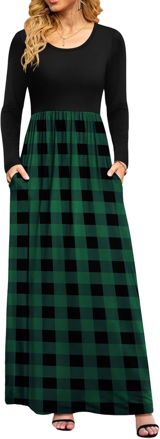 DB MOON Women Casual Long Sleeve Maxi Dresses Empire Waist Long Dress with Pockets