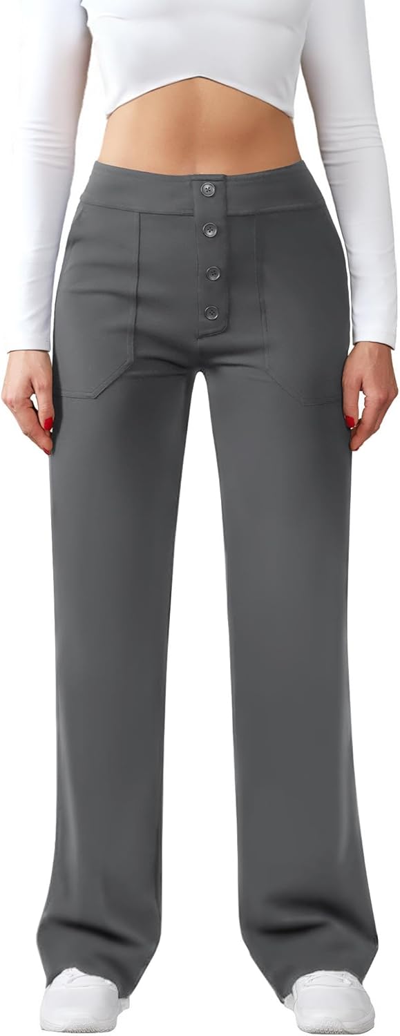 Womens Casual High Waist Straight Leg Pants Stretchy Button Business Dress Work Pocket Trousers