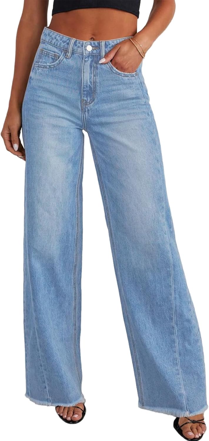 Sidefeel Women's Wide Leg Jeans High Waisted Strechy Raw Hem Zimbaplatinum Denim Pants