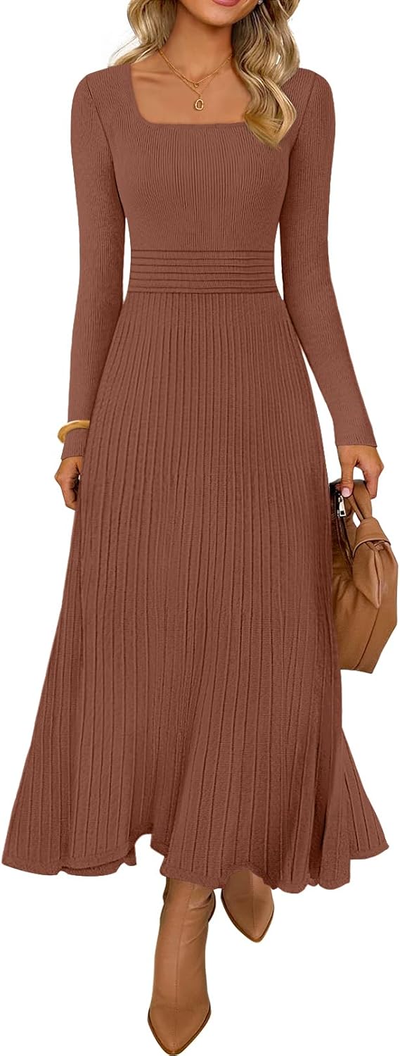 MEROKEETY Women's Sweater Dress 2025 Fall Winter Casual Long Sleeve Square Neck Pleated Church Work Knit Midi Dresses