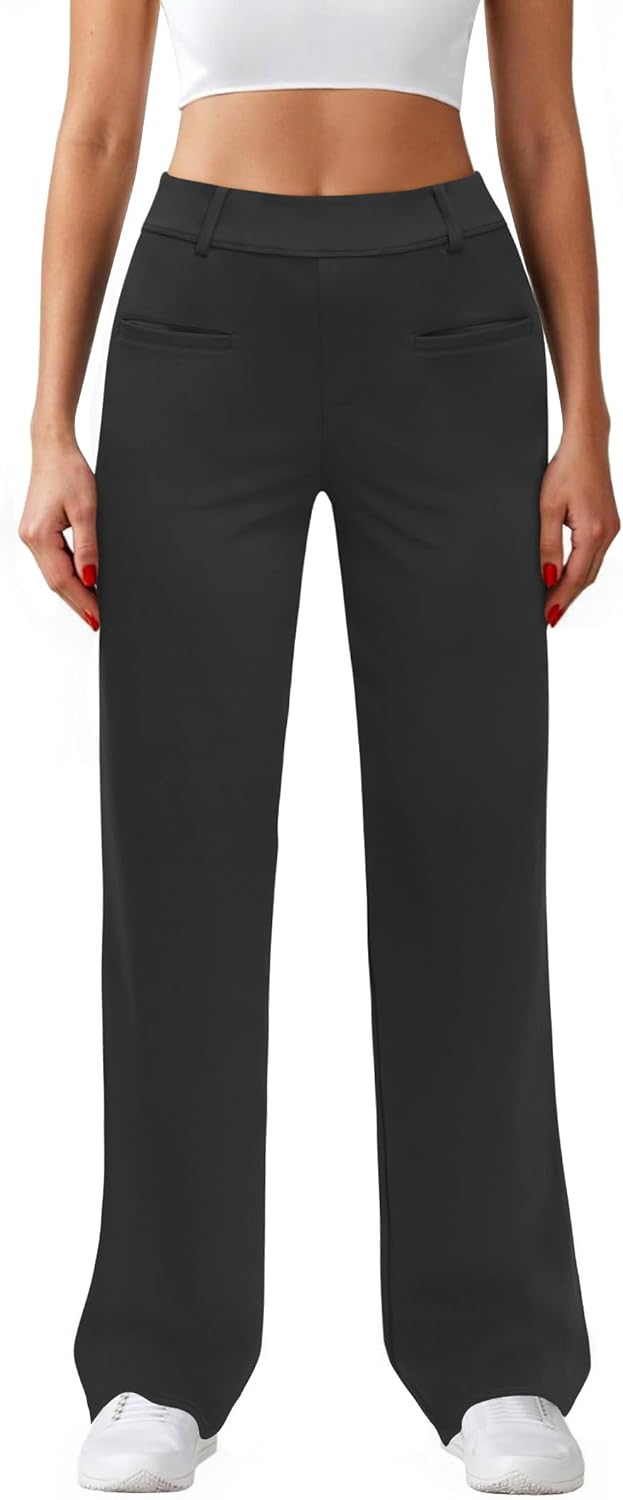 Womens Casual High Waist Straight Leg Pants Stretchy Button Business Dress Work Pocket Trousers