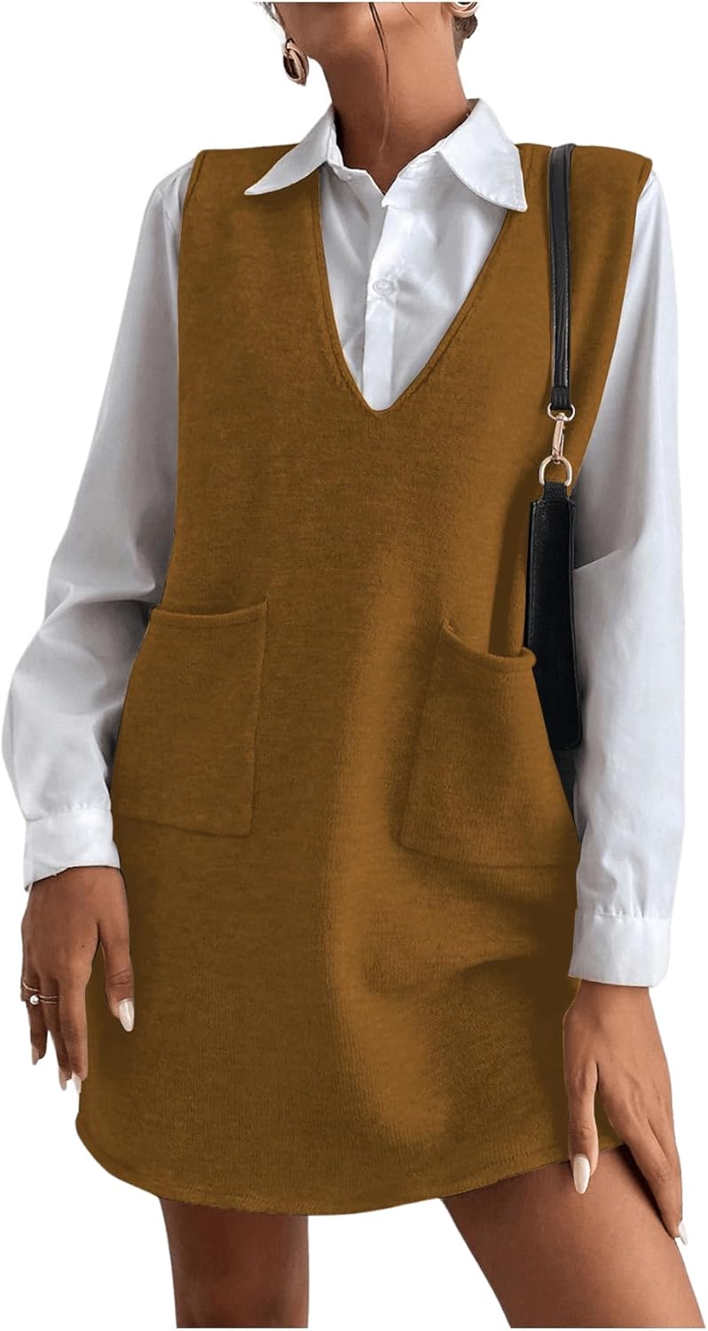 OYOANGLE Women's V Neck Sleeveless Knitted Solid Short Sweater Dress with Pockets