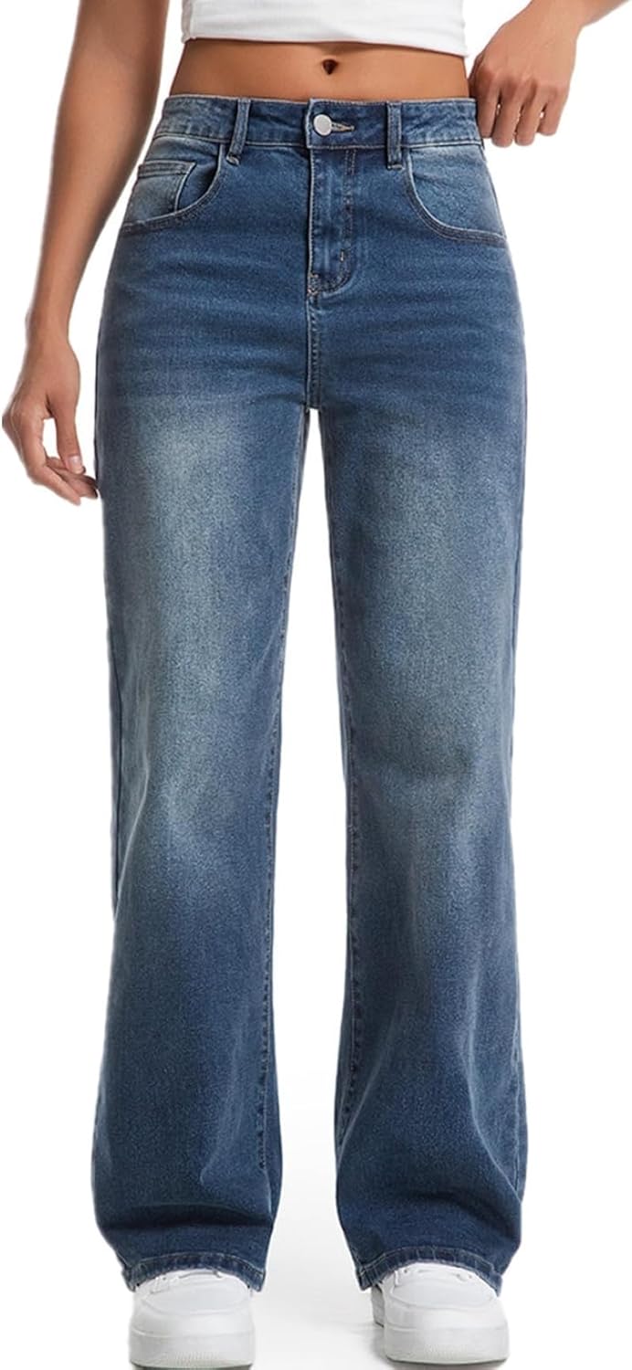 Straight Leg Jeans for Women,High Waisted Wide Leg Loose Stretchy Boyfriend Denim Pants Baggy Jeans for Women