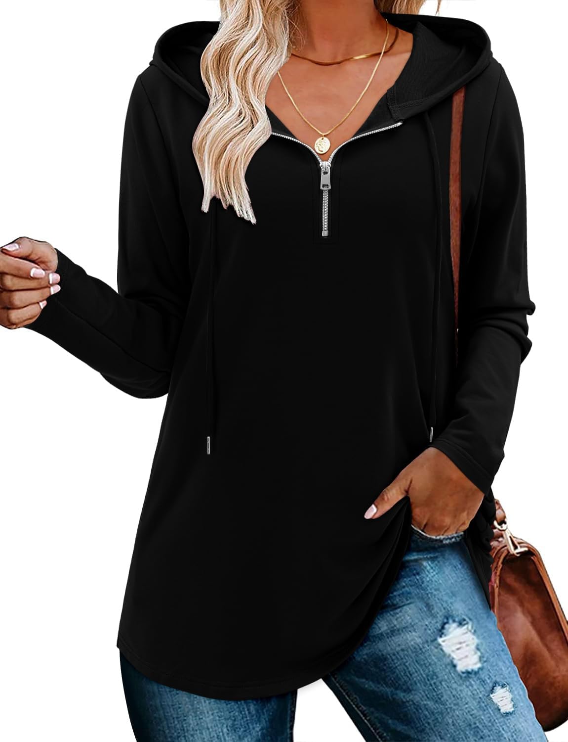BETTE BOUTIK Womens Quarter Zip Tunic Hoodies Pullover Long Hooded Sweatshirts S-3XL