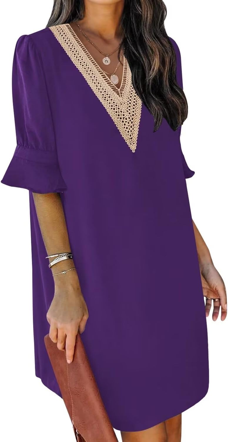 QACOHU Summer Dresses for Women V Neck Ruffle Short Sleeve Casual Shift Dress