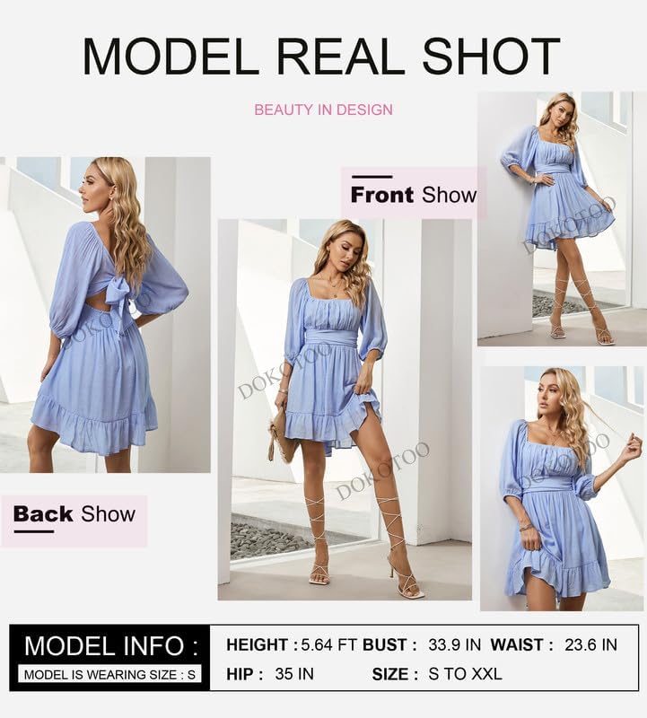 Dokotoo Womens Summer Dresses Square Neck Tie Back Lantern Sleeve Ruffle A-Line Casual Dress