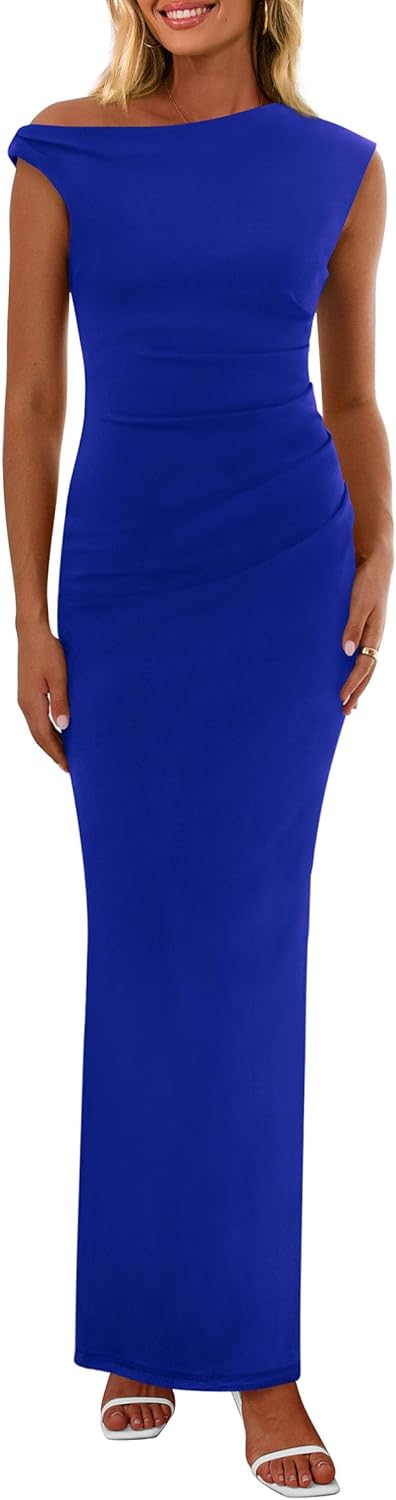 PRETTYGARDEN Women's 2025 Summer Formal Maxi Dresses Sleeveless One Shoulder Bodycon Ruched Mesh Wedding Guest Cocktail Dress