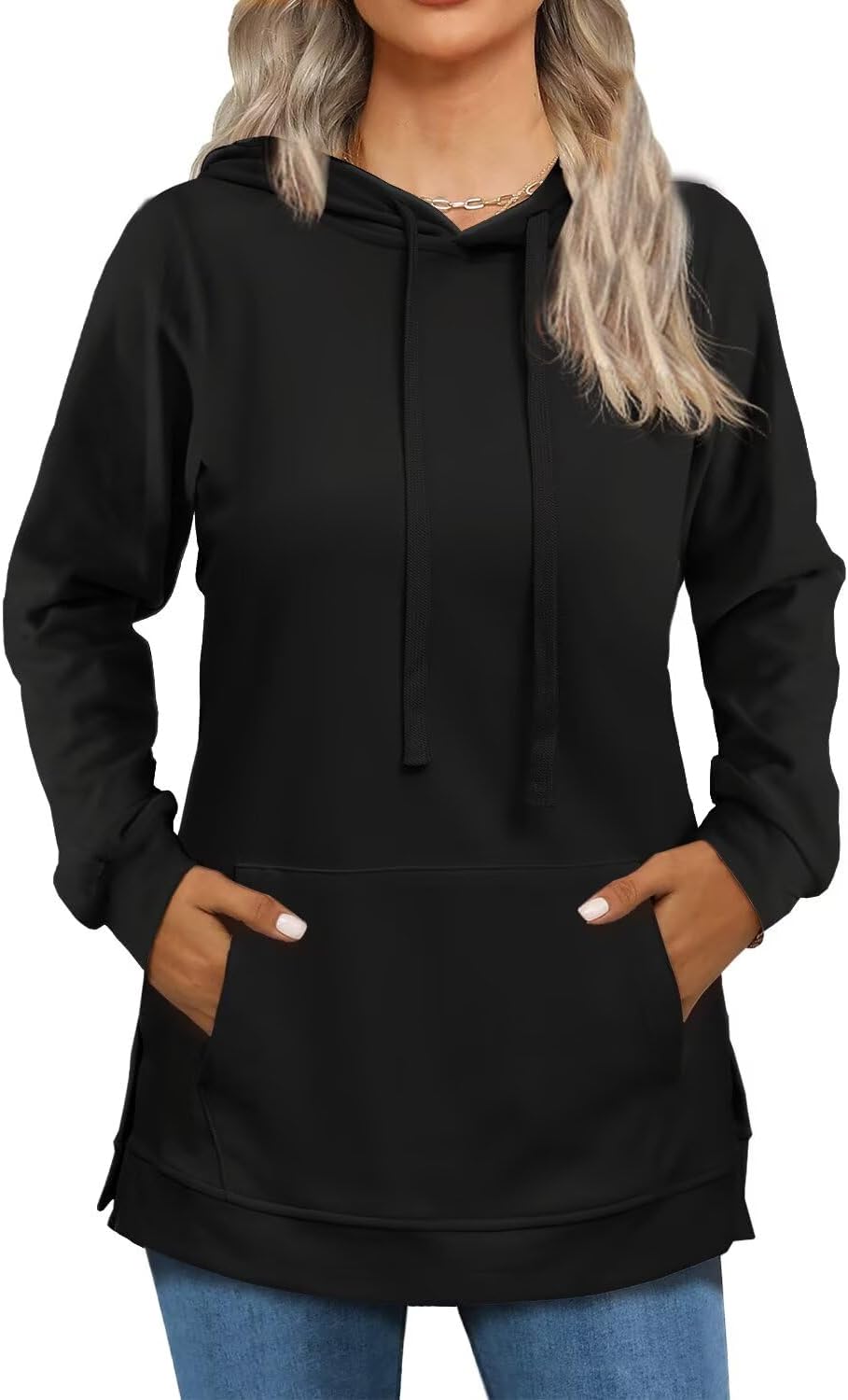 Beimuc Hoodies for Women Fashion Split Hem Drawstring Casual Long Sleeve Sweatshirts Tops with Pockets