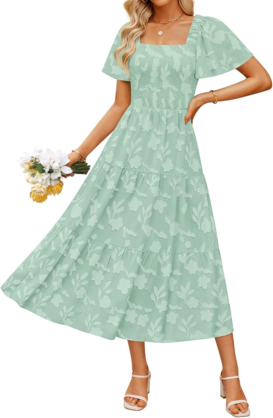 ZESICA Women‘s Summer Boho Floral Midi Dress 2025 Casual Short Sleeve Square Neck Flowy Beach Vacation Long Dress