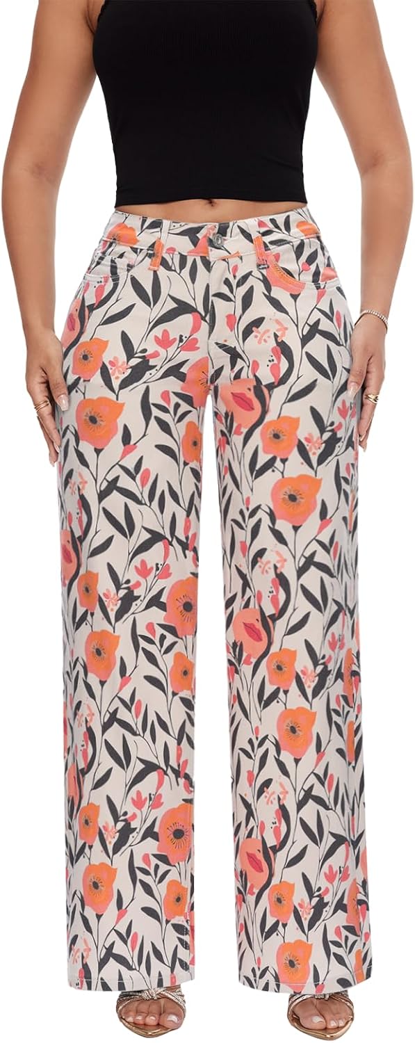 ONESO Mid-Low Rise Baggy Jeans Wide Leg for Women Distressed Pants Stretchy Bottom Lady Basic Comfortable Denim