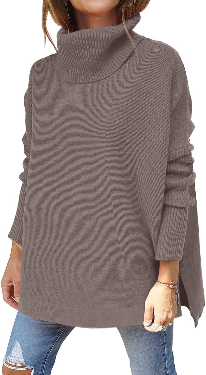 LILLUSORY Women's Turtleneck Oversized Sweaters Long Batwing Sleeve Spilt Hem Tunic Pullover Knit Tops